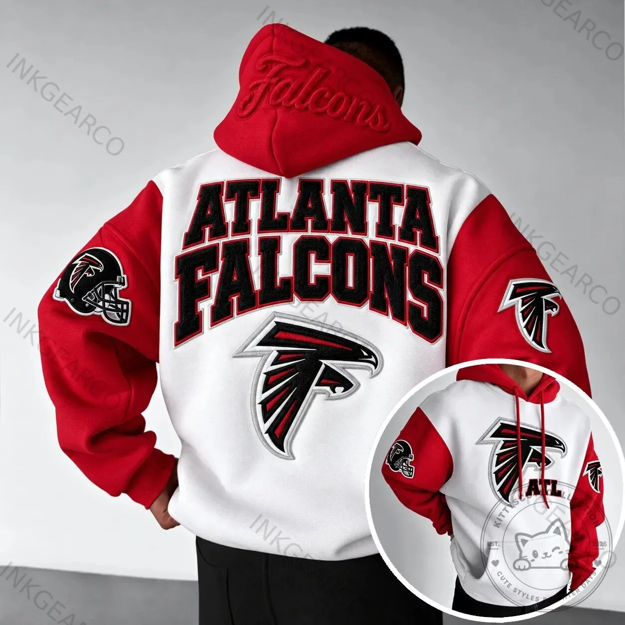 Atlanta Falcons NFL Football Team Red and White Embroidered Hoodie