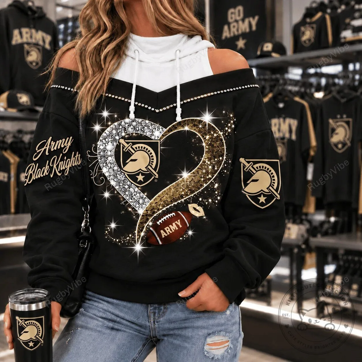 Army Black Knights Football Glitter Heart Off Shoulder Sweatshirt