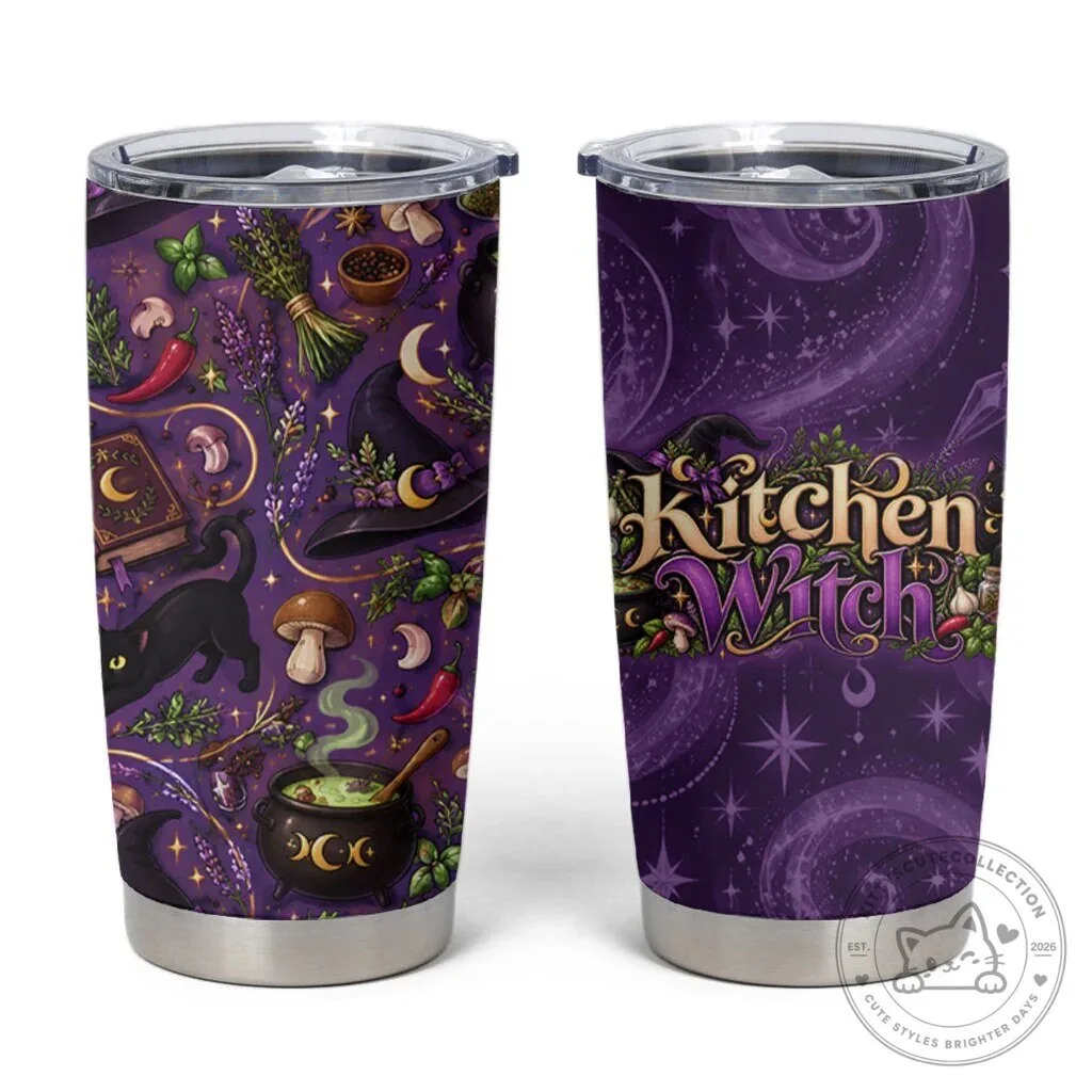 Kitchen Witch Mystical Wiccan Magic Herb Cauldron Black Cat Purple Tumbler