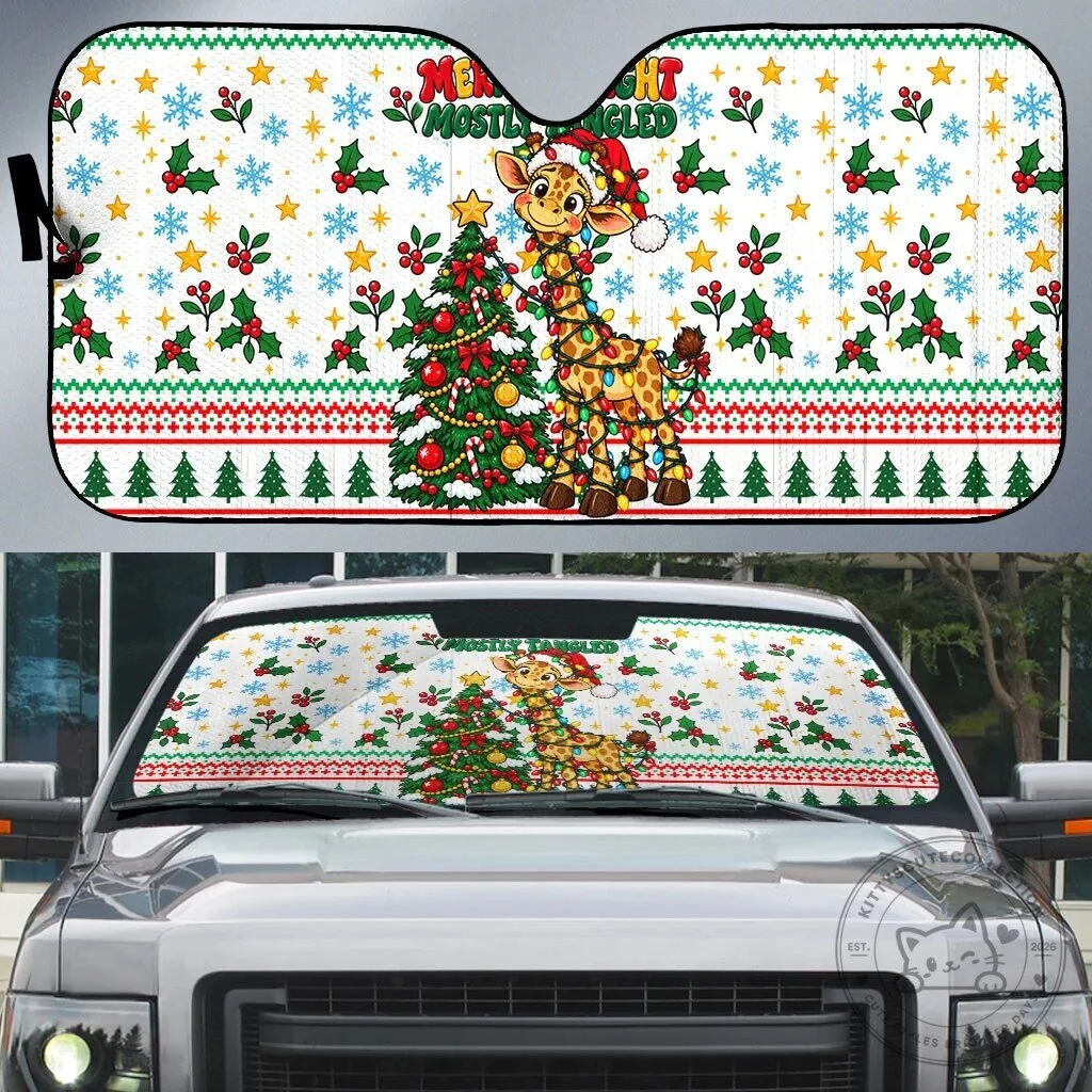 Christmas Giraffe Lights Car Sunshade - Merry Mostly Tangled Holiday Auto Sun Shade