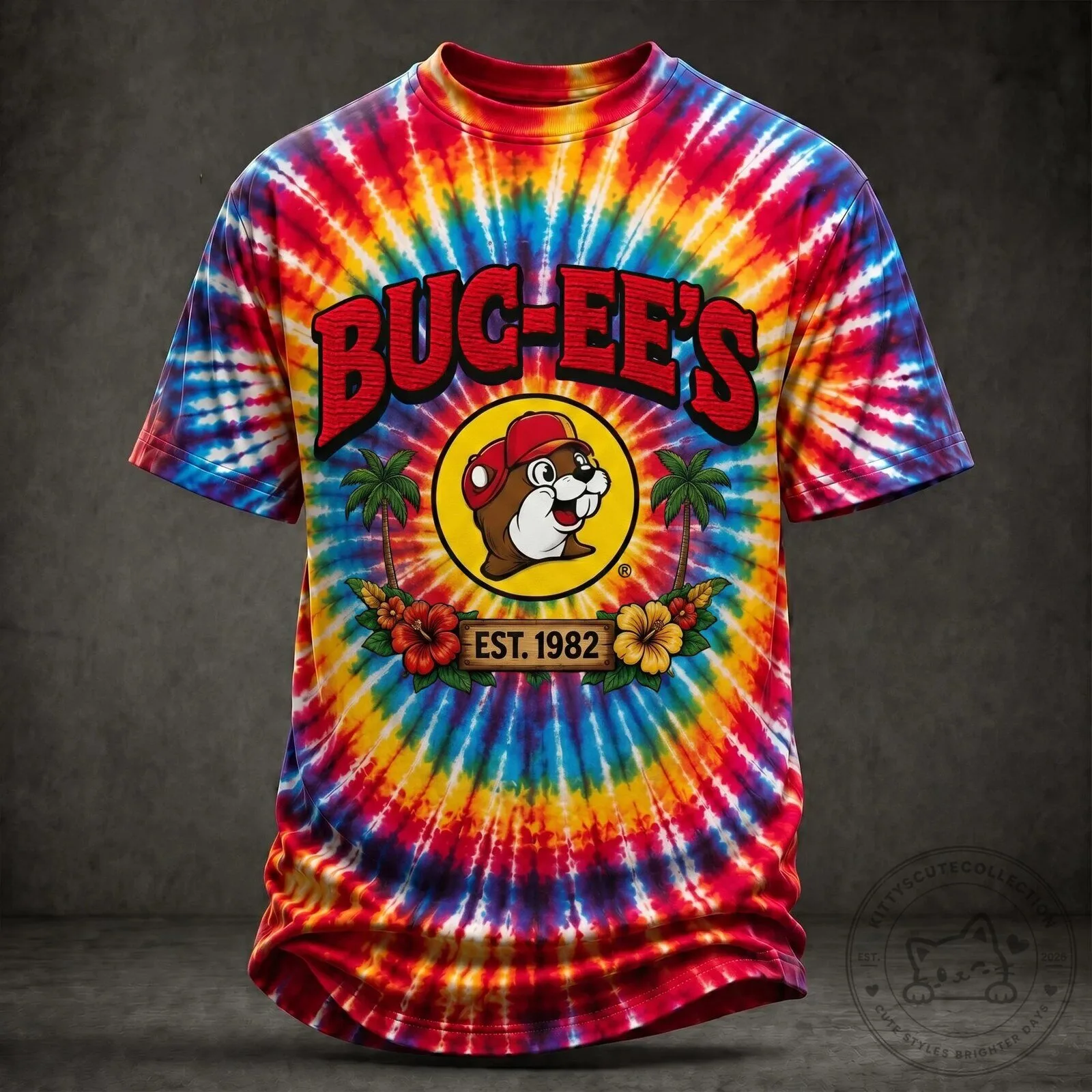 Buc-ee's Tie Dye T-Shirt with Beaver Logo and Tropical Flowers 2 Buc-ee's Tie Dye T-Shirt with Beaver Logo and Tropical Flowers