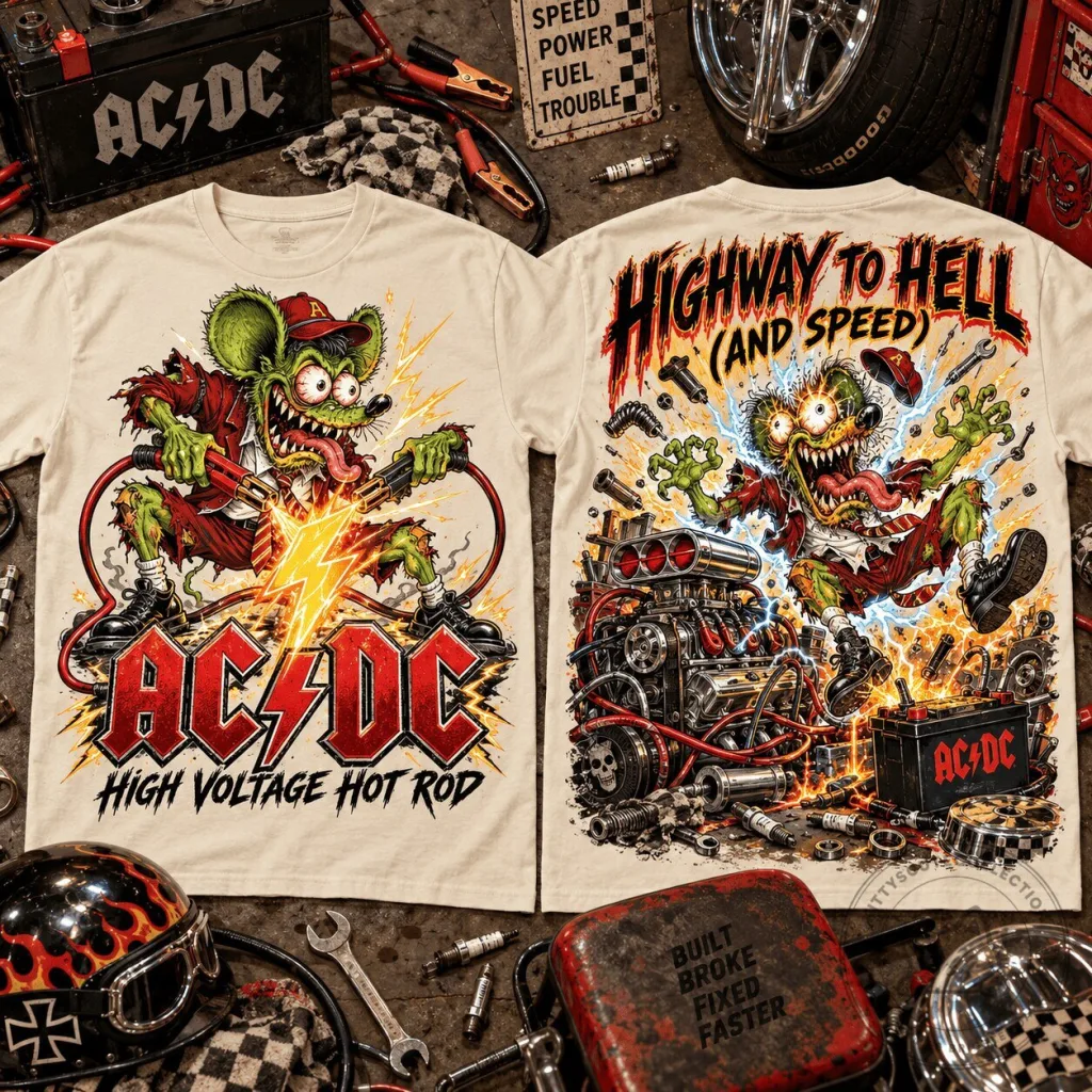 ACDC Rat Fink Highway to Hell High Voltage Hot Rod Graphic T-Shirt AC/DC Rat Fink Highway to Hell High Voltage Hot Rod Graphic T-Shirt