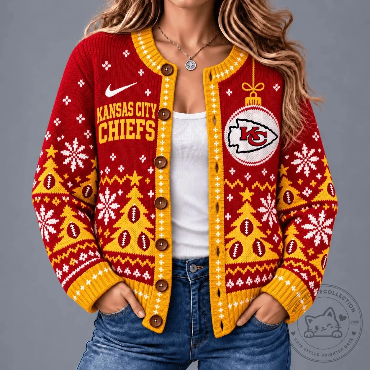 Women's Cardigan for Christmas featuring Ugly Kansas City Chiefs Sweater Design