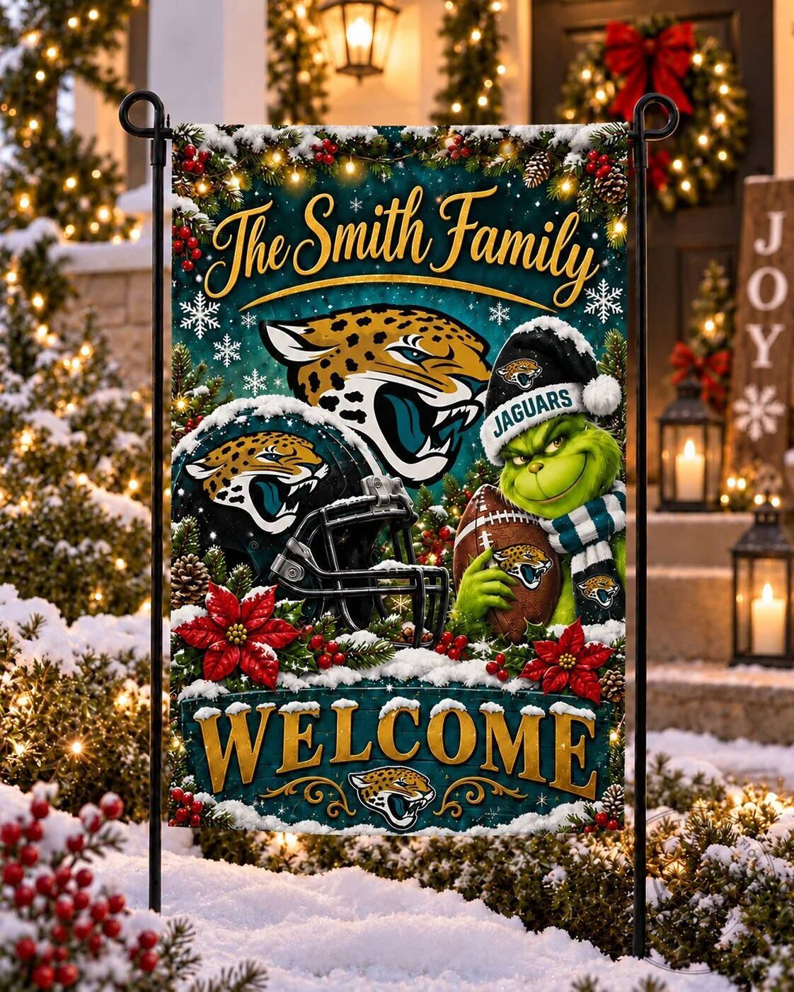 Jacksonville Jaguars Grinch Christmas Personalized Welcome Garden Flag