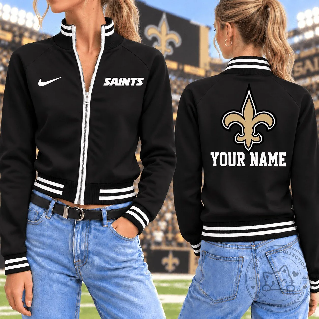 New Orleans Saints Nike Custom Name Black Bomber Jacket for Women