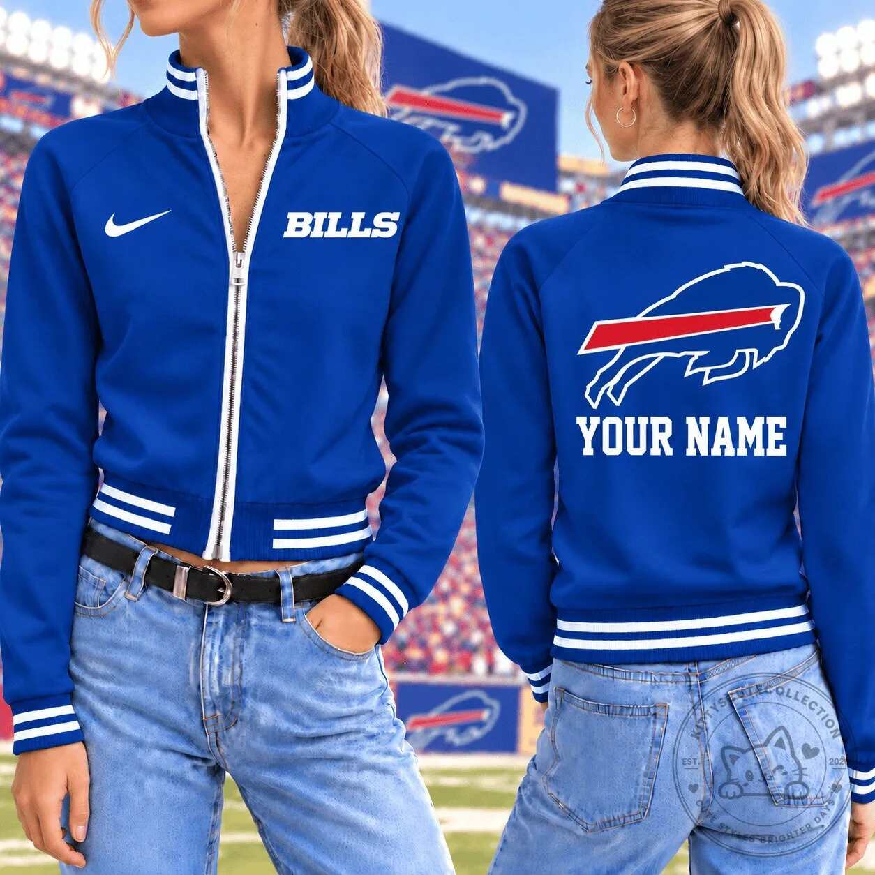 Buffalo Bills Custom Name Royal Blue Full-Zip Bomber Jacket for Women