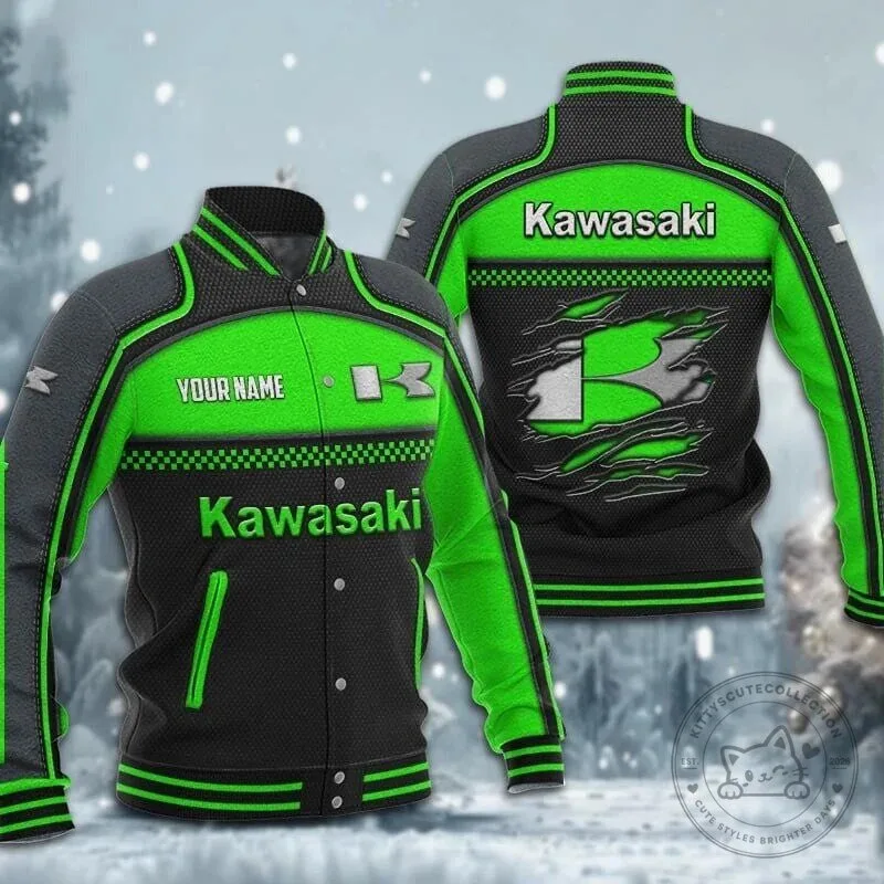 Kawasaki Motorcycle Racing Green and Black Custom Name Bomber Jacket
