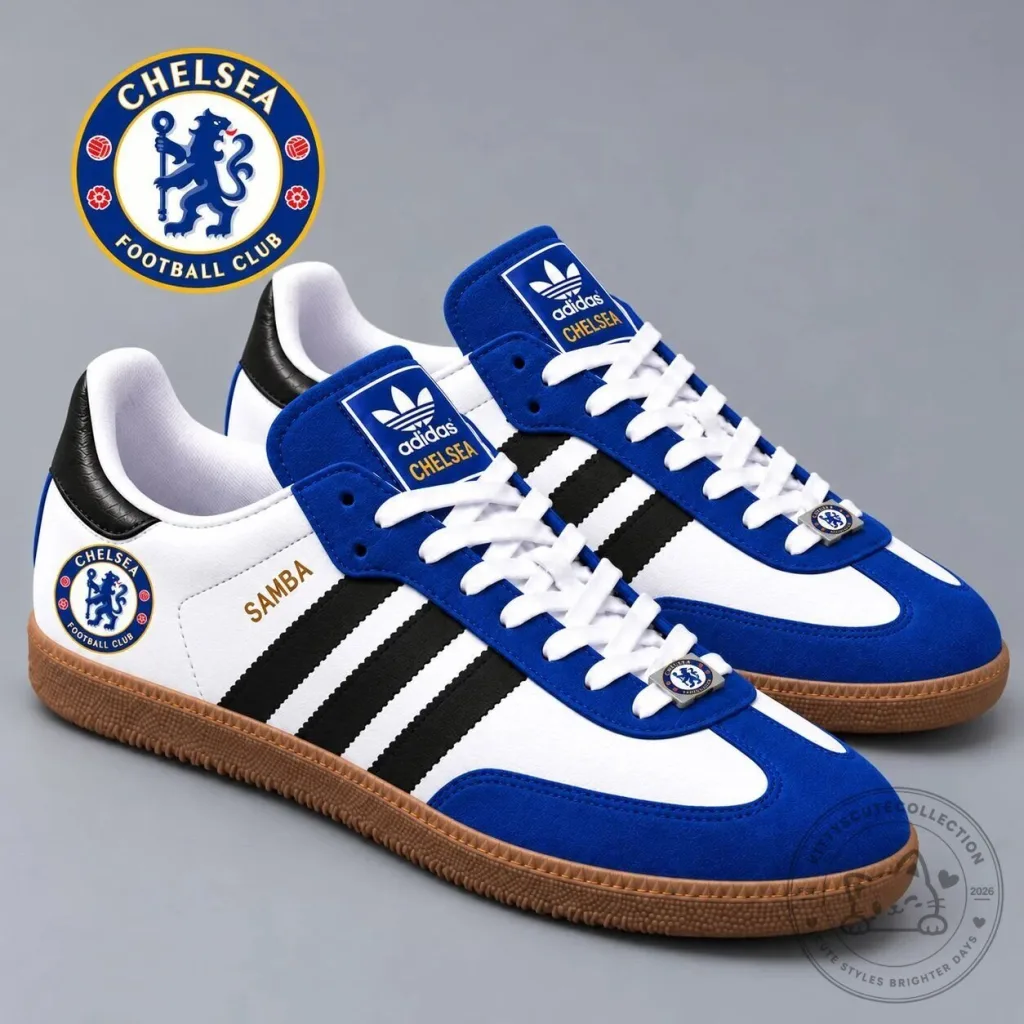 Chelsea Football Club Blue and White Samba Sneakers Shoes Chelsea Football Club Blue and White Samba Sneakers Shoes