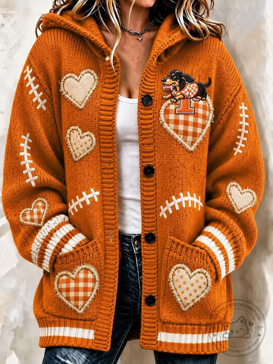 Football Hearts Dachshund Dog Orange Striped Hooded Cardigan Sweater