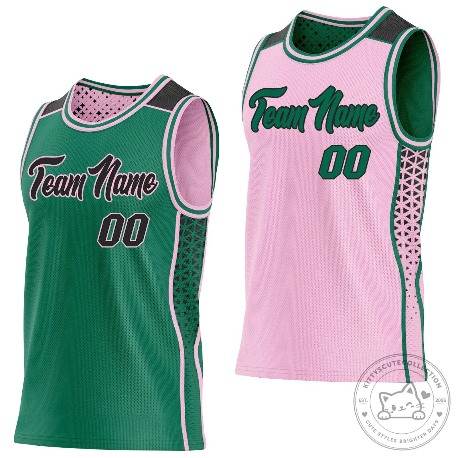 Custom Reversible Green Pink Black Geometric Basketball Jersey
