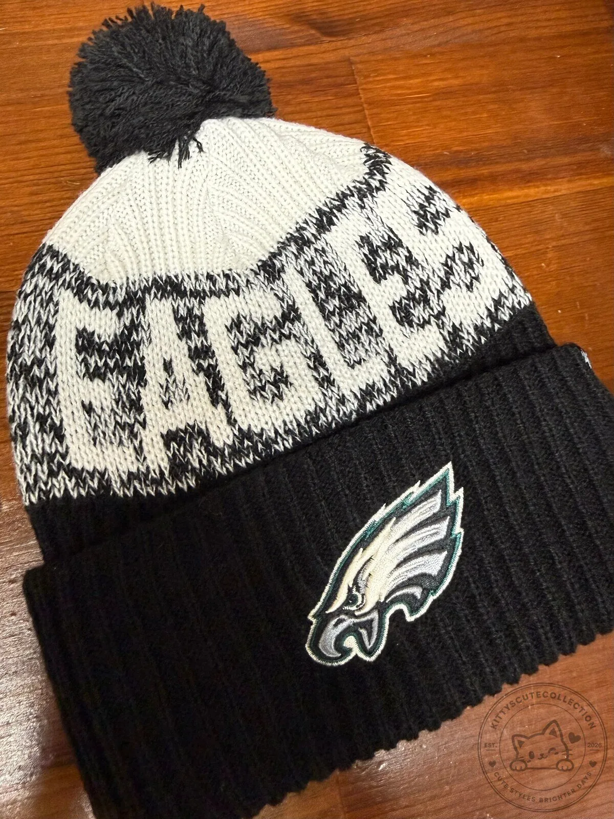 Philadelphia Eagles Black and White Knit Pom Beanie Hat