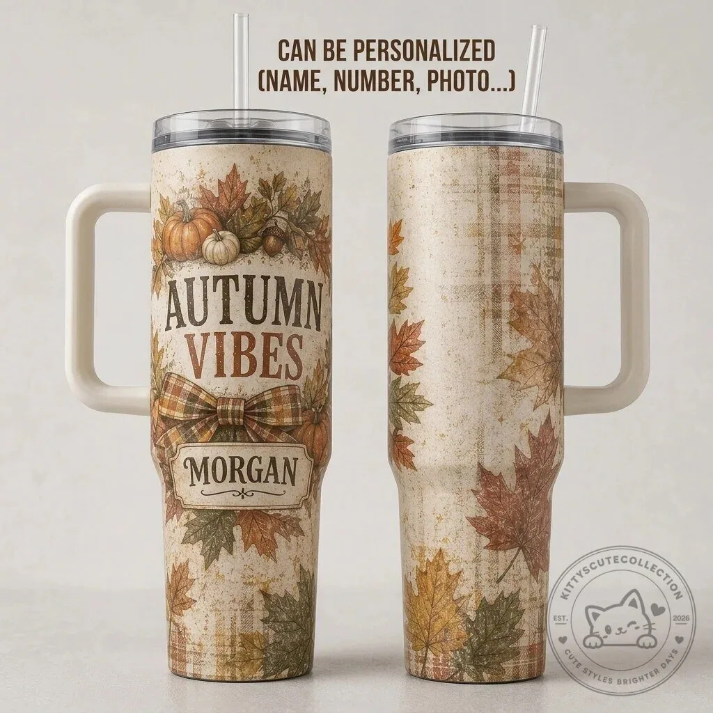 Personalized Autumn Vibes Fall Leaves and Pumpkin 40oz Tumbler with Handle