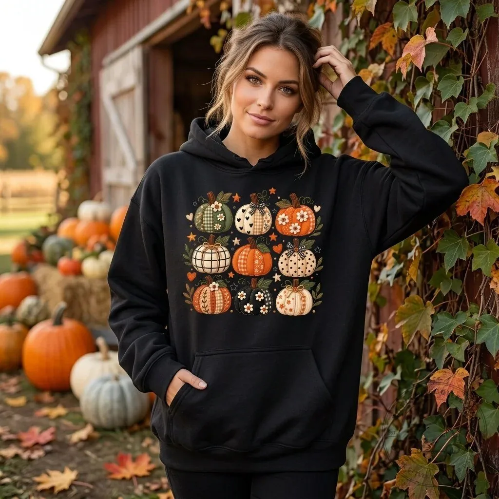 Cute Autumn Patchwork Pumpkin Grid Fall Season Hoodie
