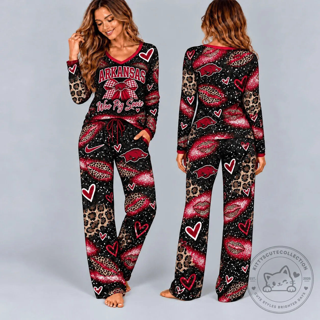 Arkansas Razorbacks Leopard Print Woo Pig Sooie Pajamas Set