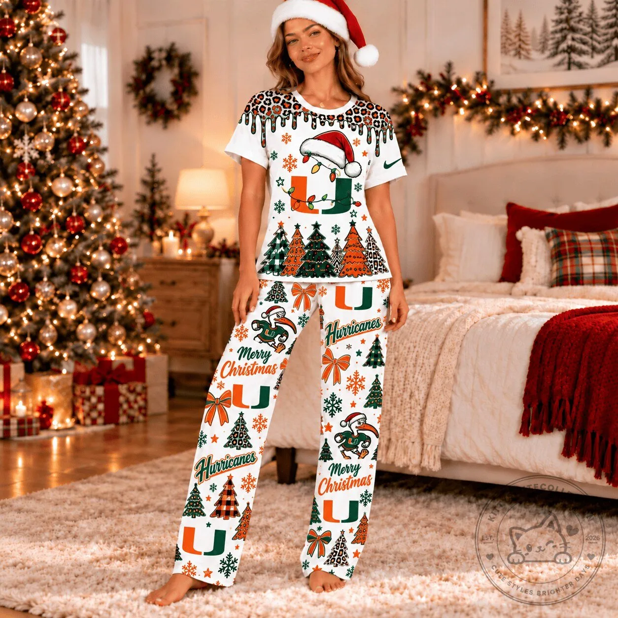 Miami Hurricanes Christmas Leopard Drip Holiday Pajamas Set