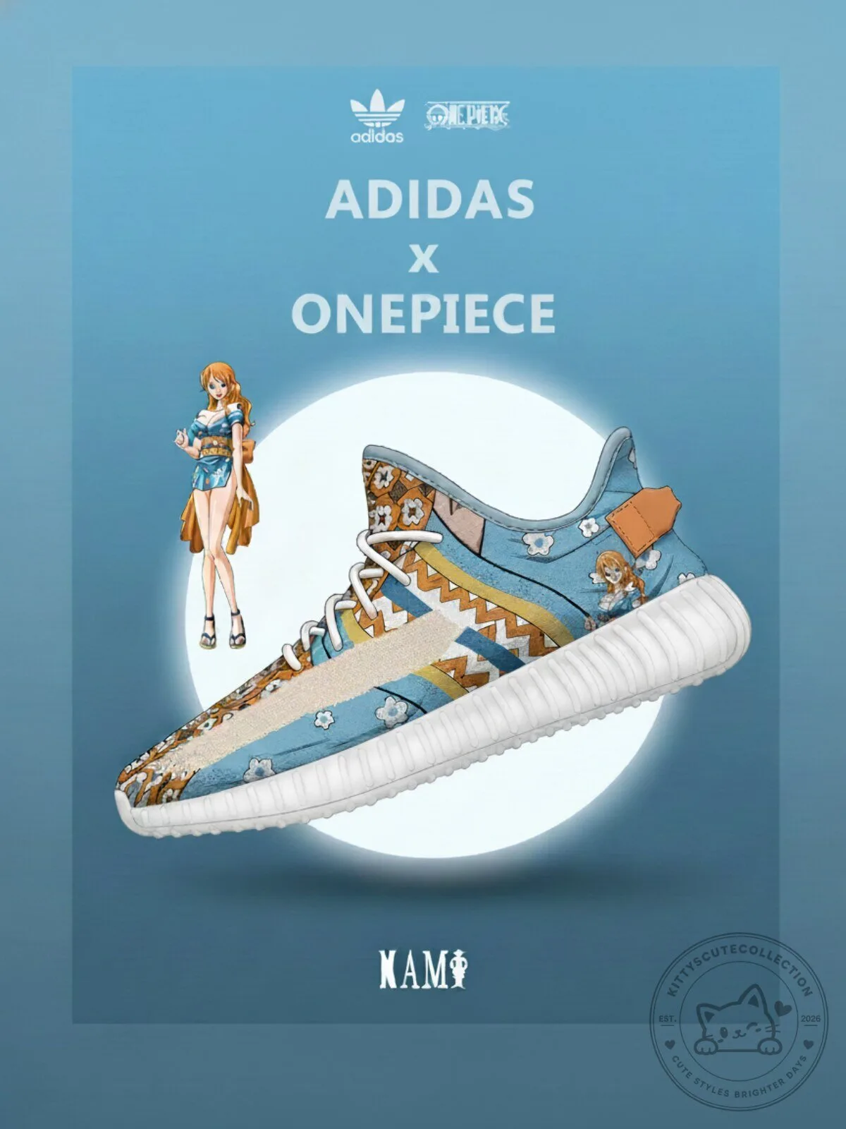 One Piece Nami Anime Character Art Blue and Orange Athletic Shoes