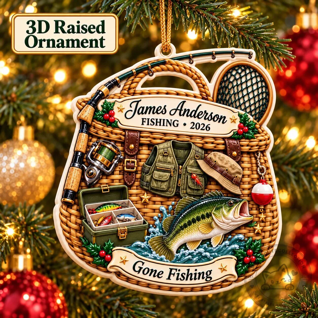 Personalized Gone Fishing 3D Raised Christmas Tree Ornament for Anglers 6 Personalized Gone Fishing 3D Raised Christmas Tree Ornament for Anglers