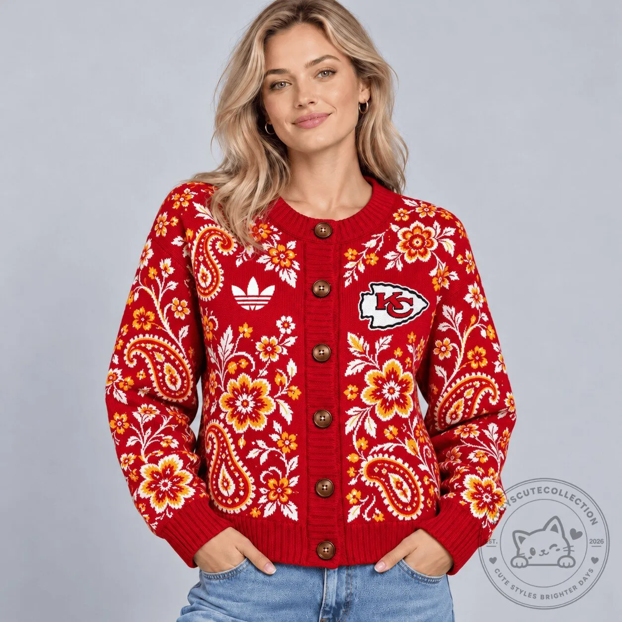 Kansas City Chiefs Bohemian Paisley Floral Button-Up Cardigan Sweater