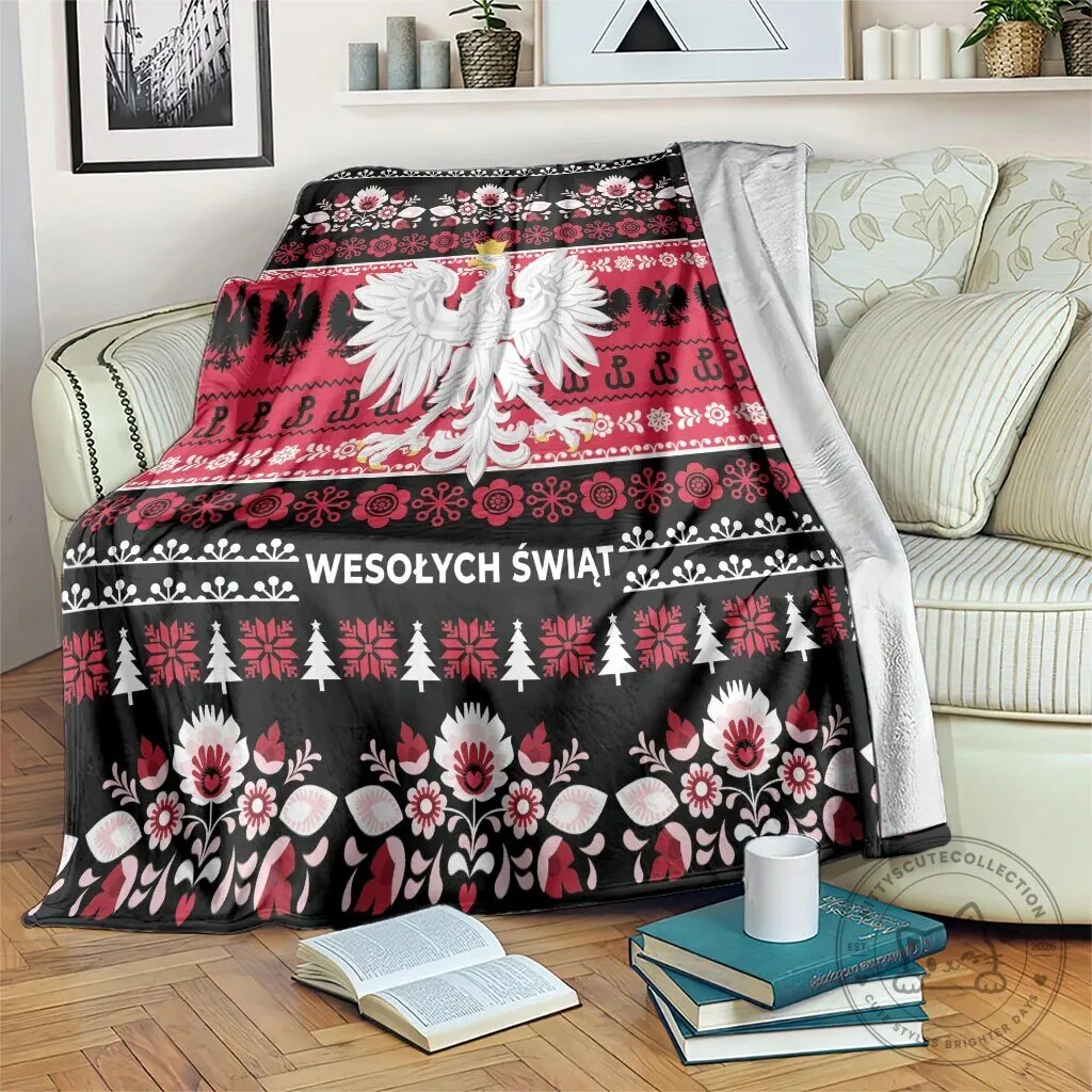 Polish Wesolych Swiat Christmas Folk Art Pattern Black Blanket