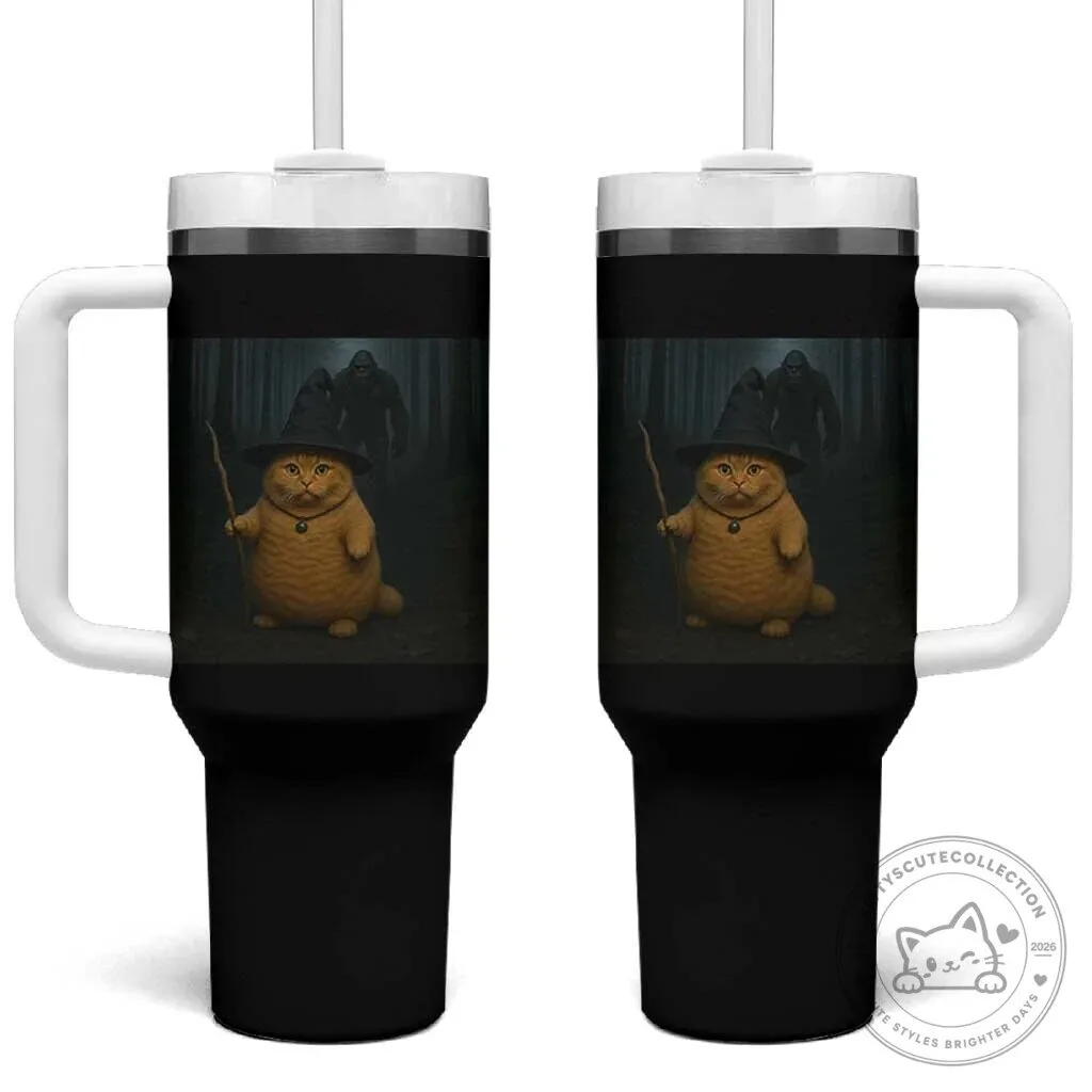 Funny Halloween Witch Cat Selfie With Bigfoot Sasquatch Black Tumbler With Handle