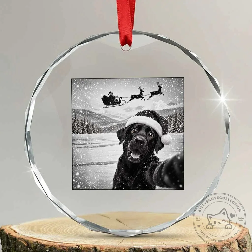 Funny Christmas Black Labrador Dog Selfie With Santa Crystal Glass Ornament 1 Funny Christmas Black Labrador Dog Selfie With Santa Crystal Glass Ornament