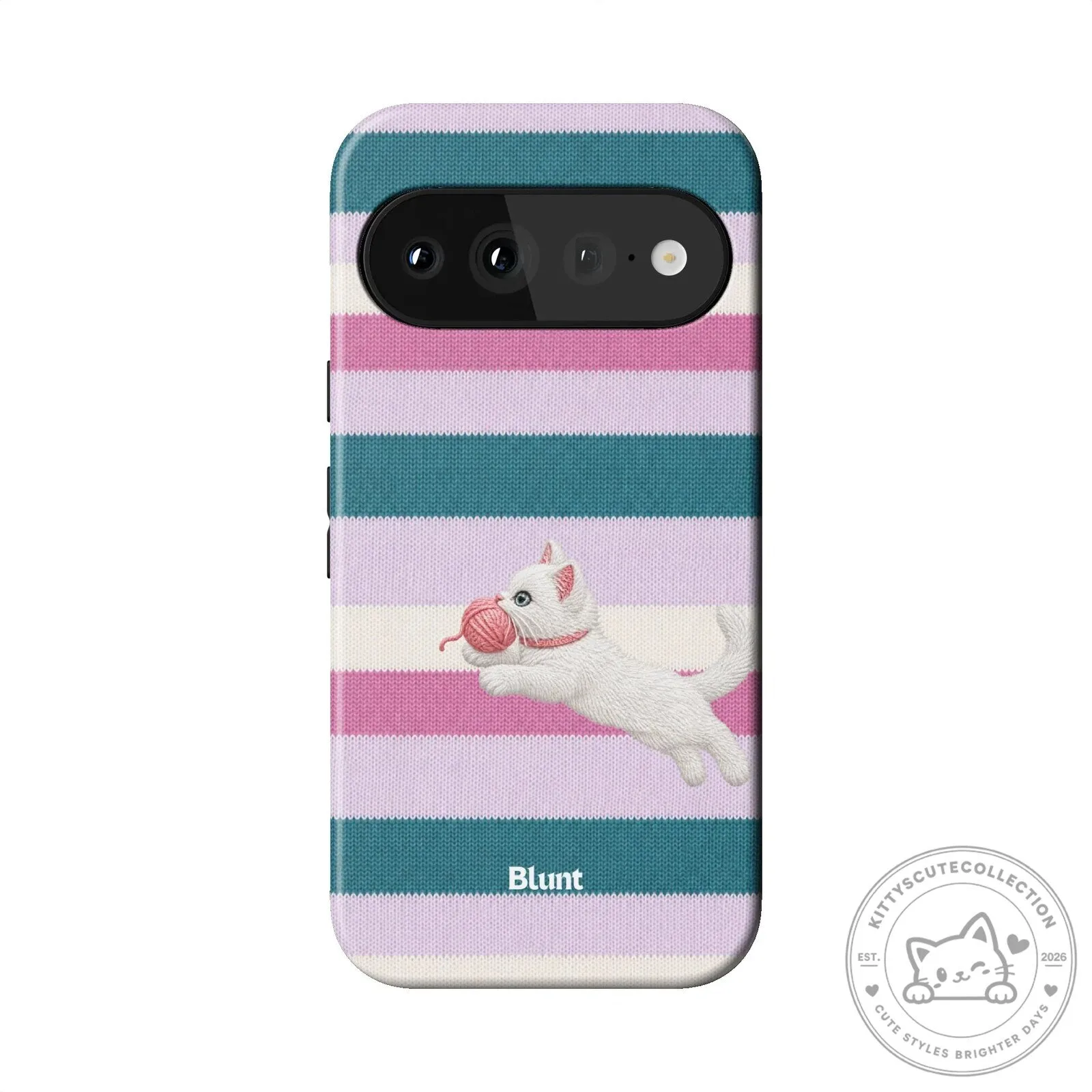 Cute White Kitten Playing with Yarn Ball Striped Pixel Phone Case