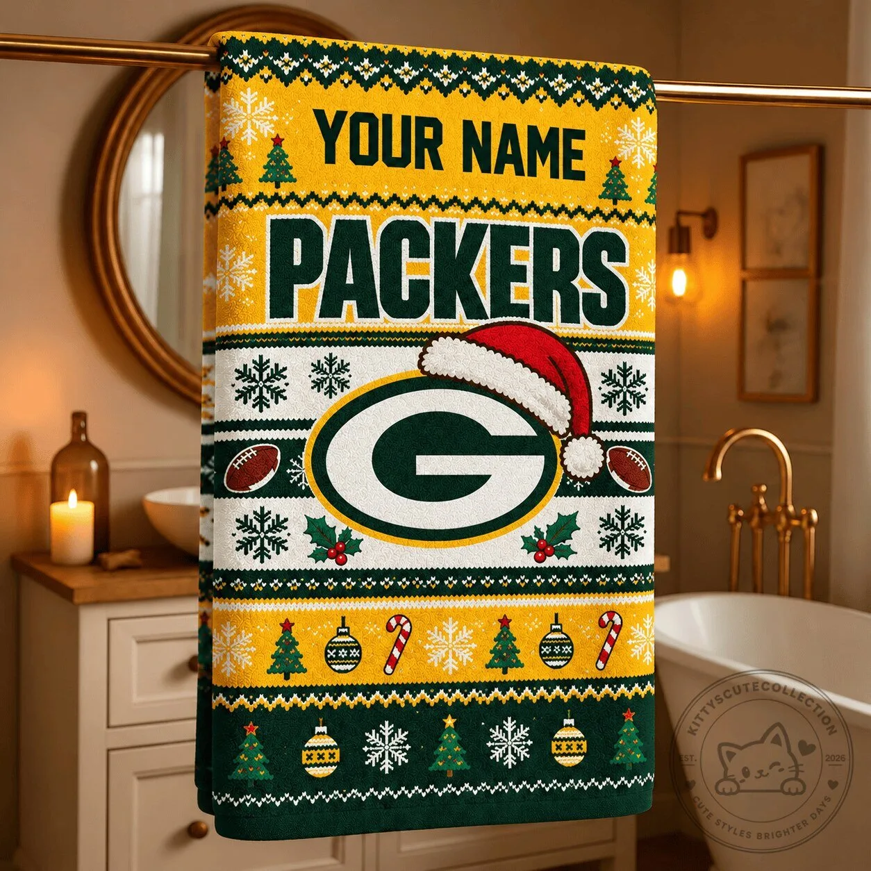 Green Bay Packers Personalized Christmas Ugly Sweater Style Bath Towel