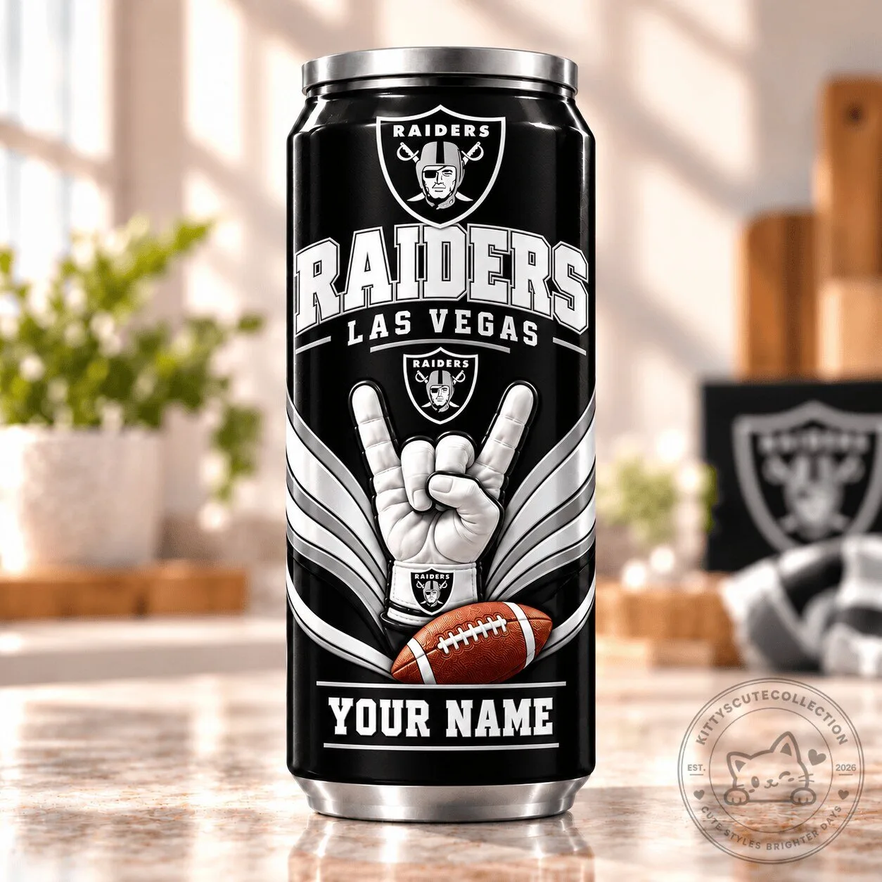 Las Vegas Raiders Hand Sign Football Personalized Can Shaped Tumbler