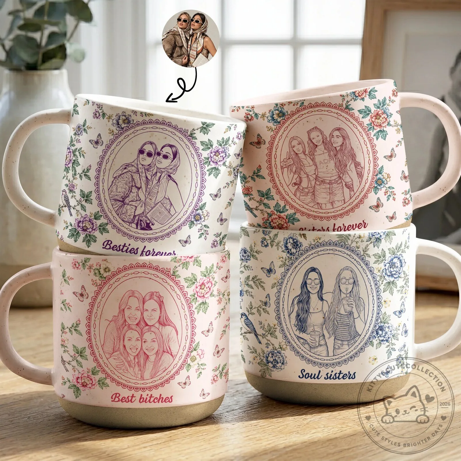 Personalized Best Friends Forever Sketch Line Art Pottery Mug for Besties
