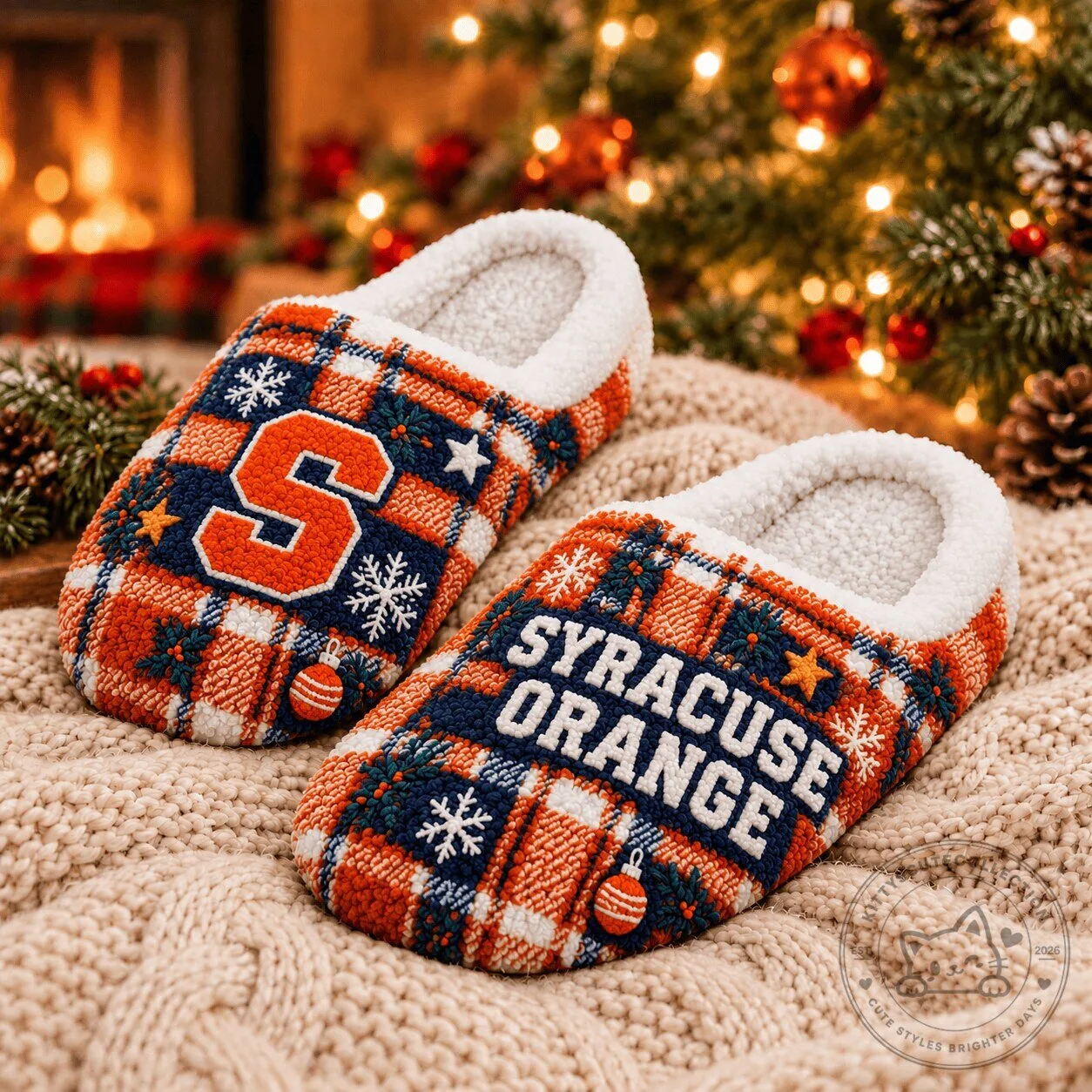Syracuse Orange Christmas Plaid Cozy House Slippers