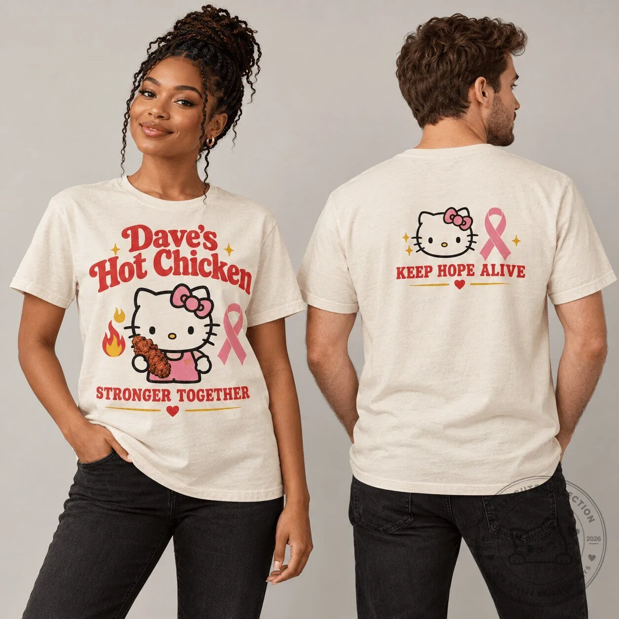 Dave's Hot Chicken Hello Kitty Stronger Together Pink Ribbon T-Shirt