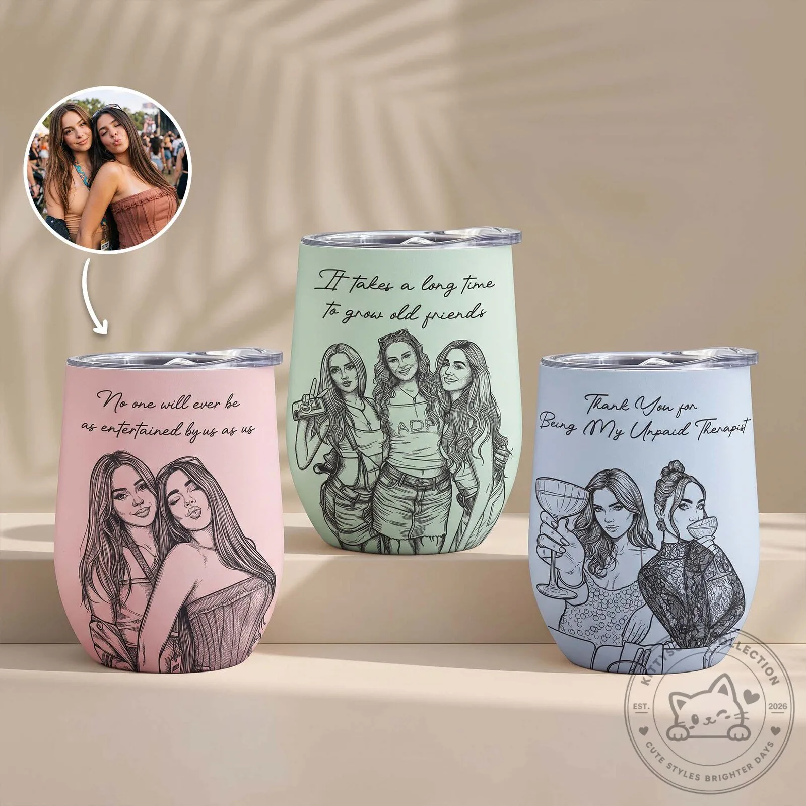 Personalized Best Friends Sketch Line Art Custom Portrait Wine Tumbler