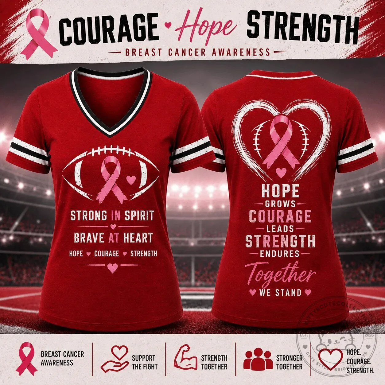 Football T-Shirt with Pink Ribbon for Breast Cancer Awareness - Hope, Courage, Strength