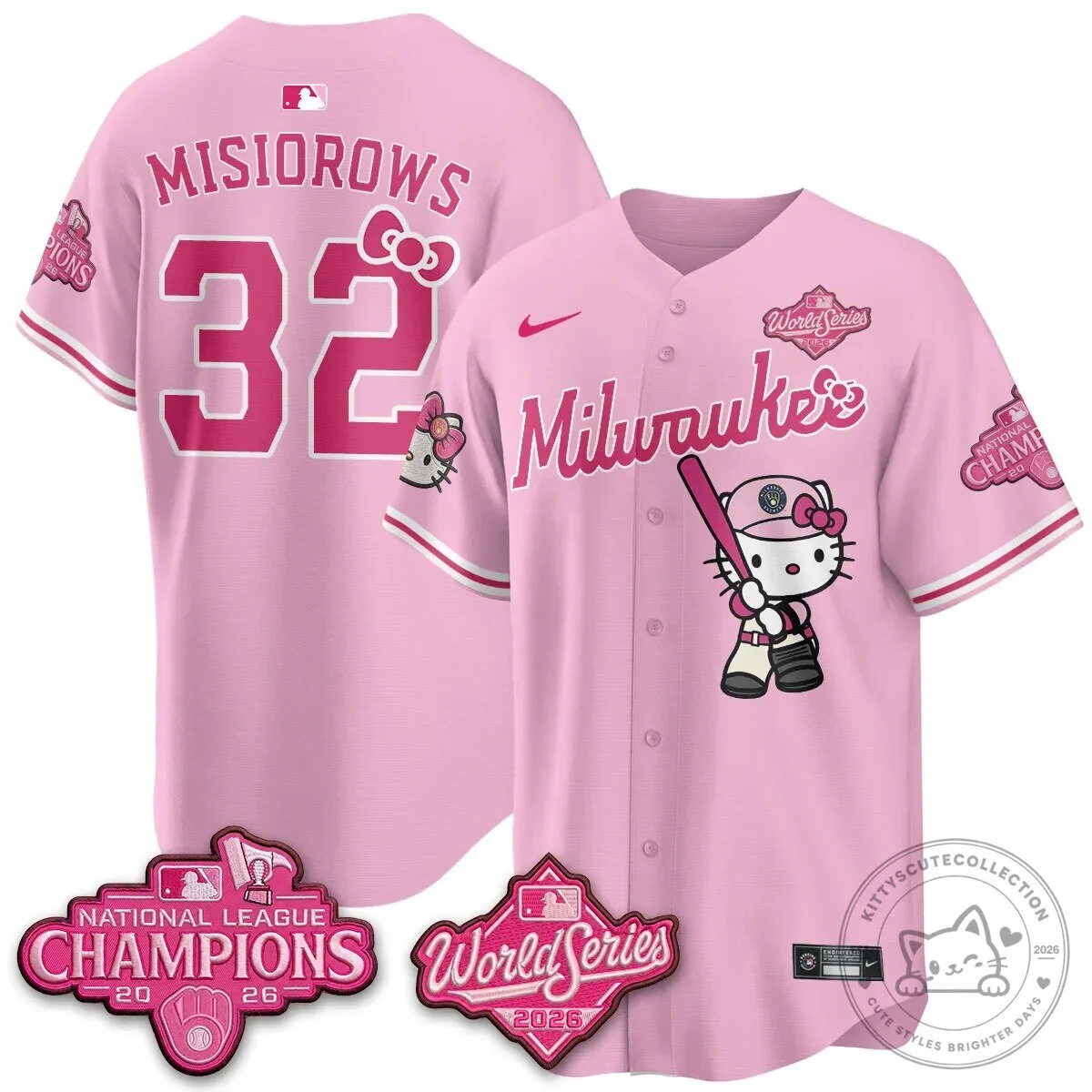 Milwaukee Brewers Hello Kitty Pink Baseball Jersey 2 Milwaukee Brewers Hello Kitty Pink Baseball Jersey