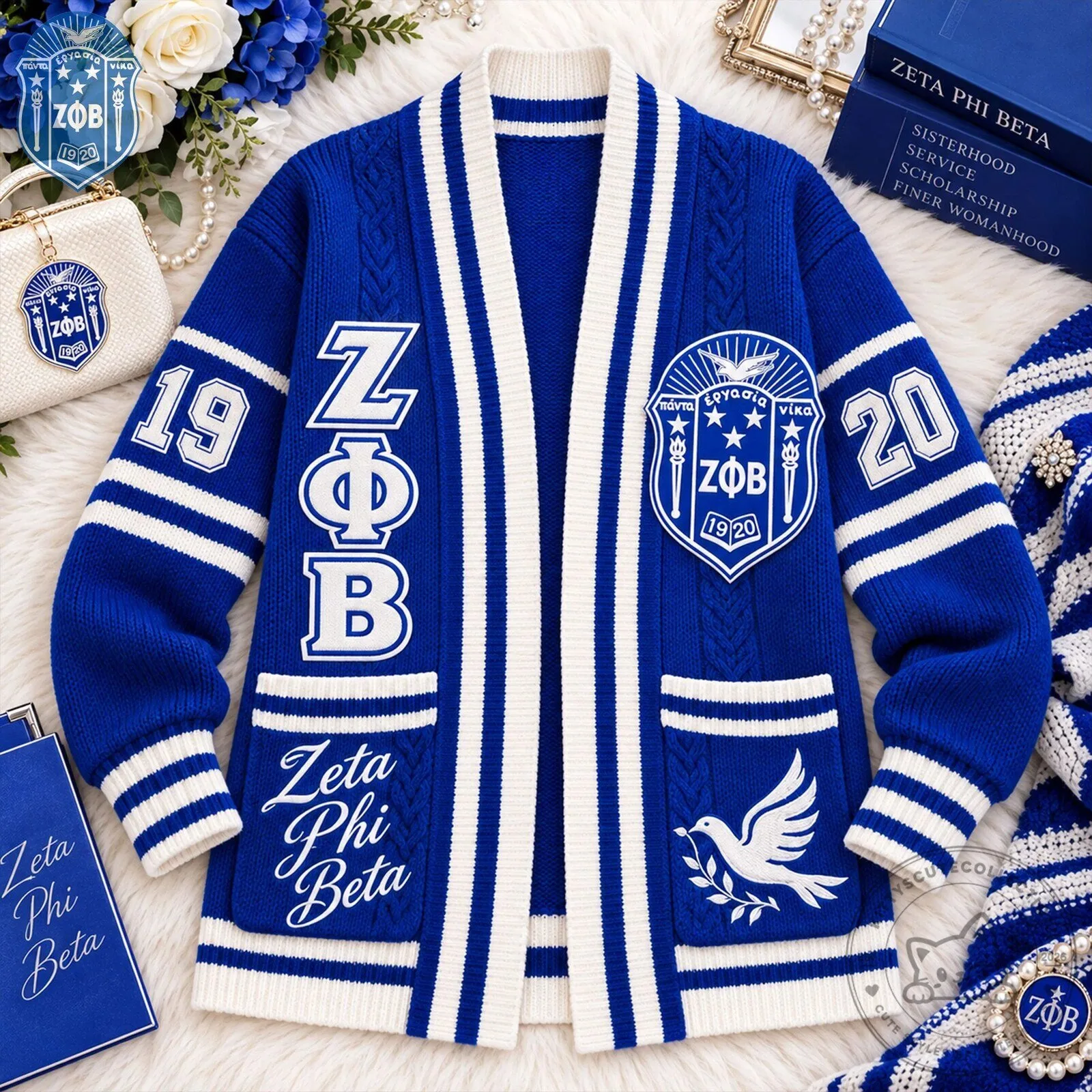 Zeta Phi Beta Sorority Royal Blue and White Open-Front Cardigan Sweater