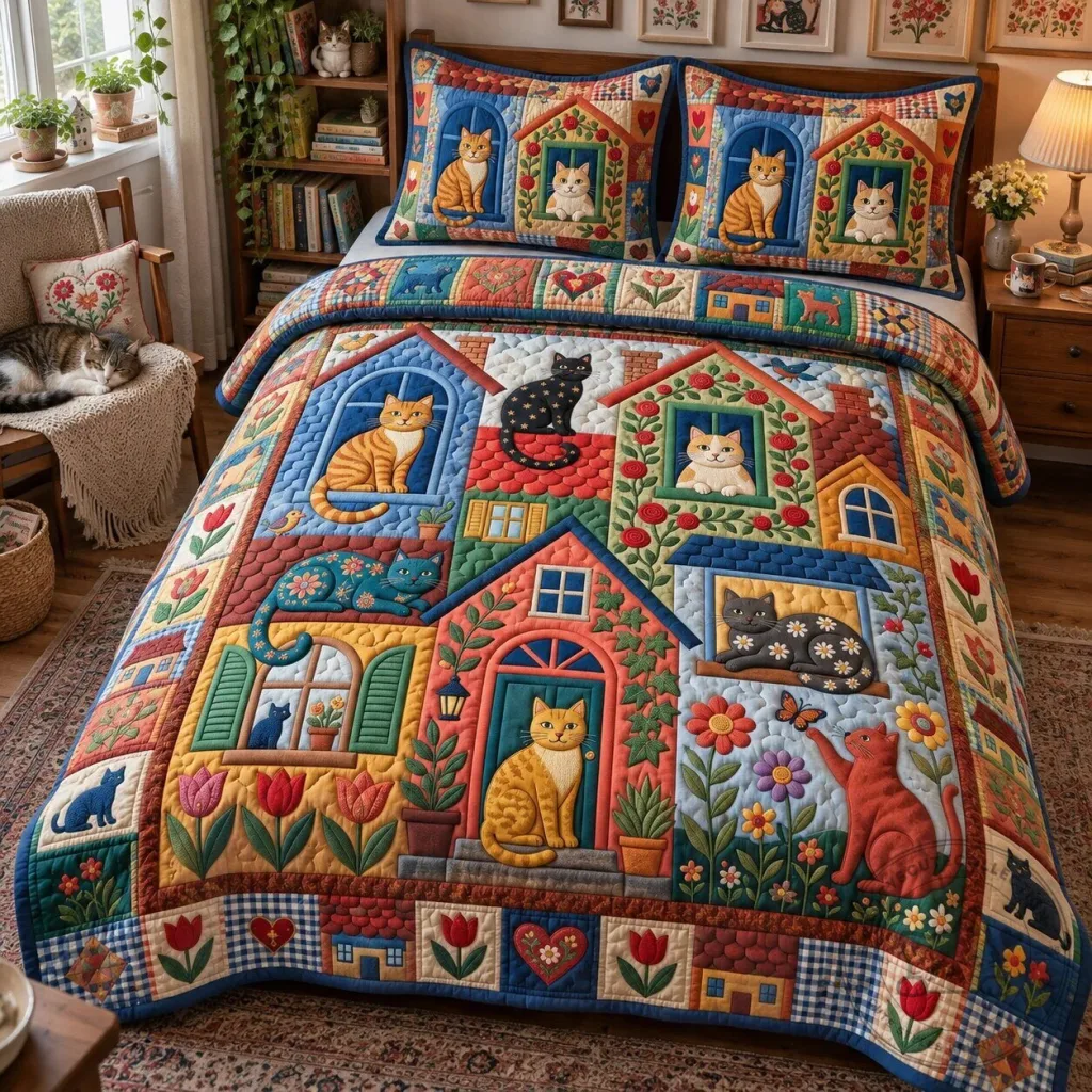 Quilted Bedding Set Featuring Folk Art Cats and Matching Pillow Shams Quilted Bedding Set Featuring Folk Art Cats and Matching Pillow Shams