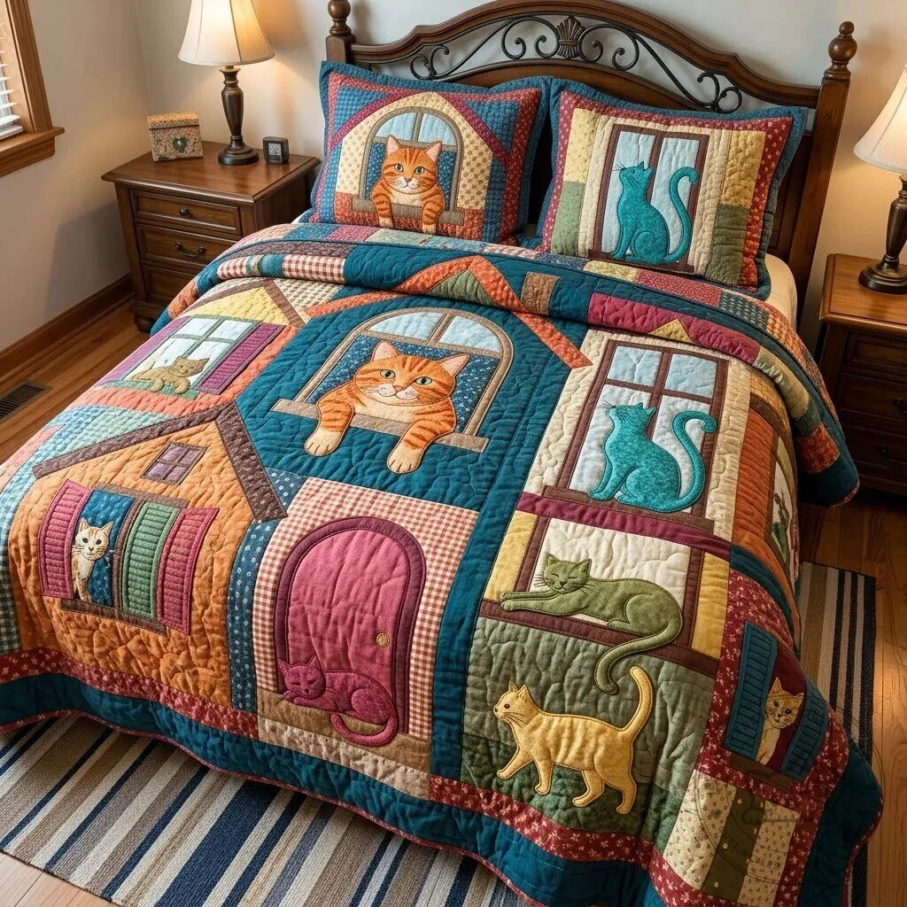 Cat Neighborhood Patchwork Quilted Bedding Set