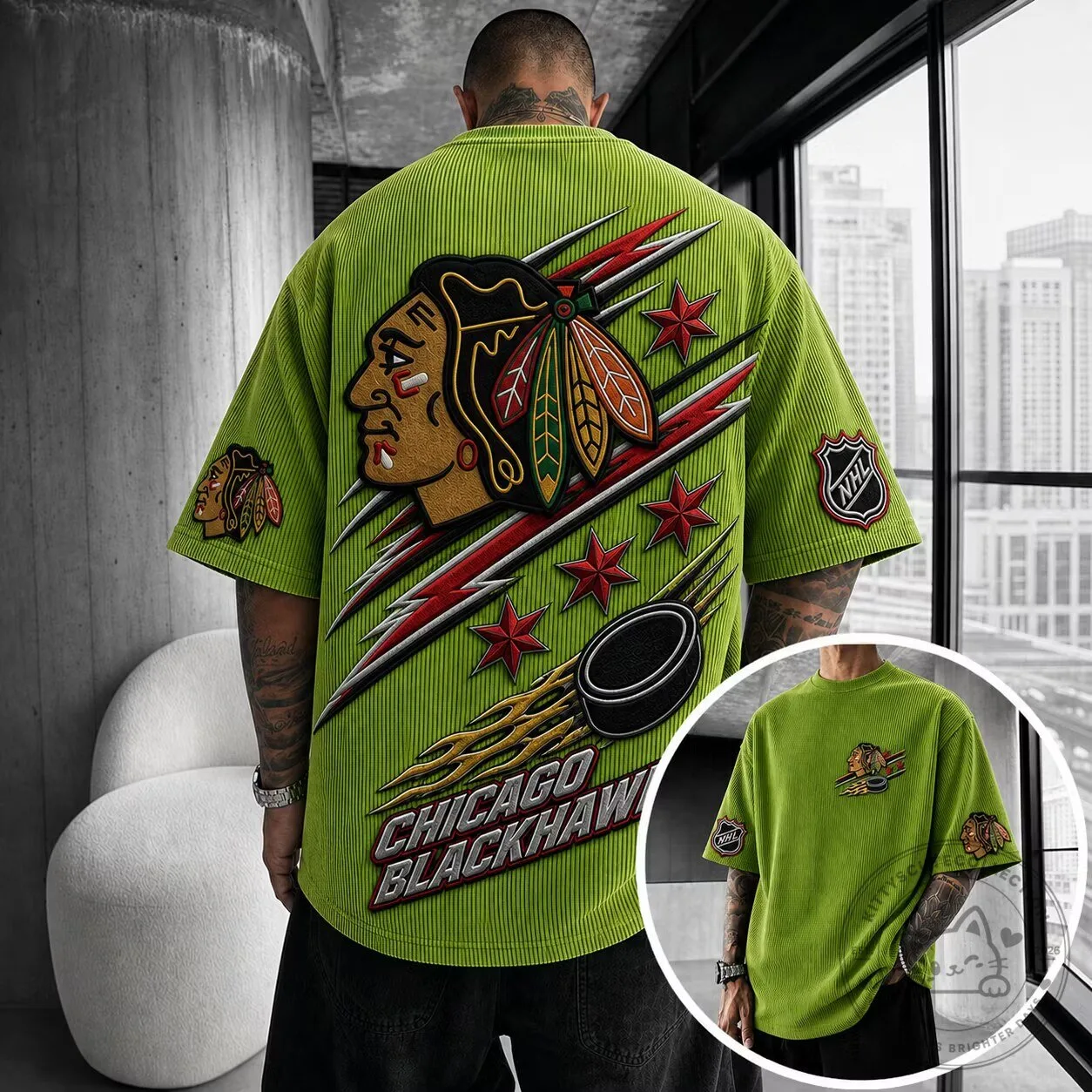 Chicago Blackhawks Ice Hockey Team Logo Embroidered Green Short-Sleeve T-Shirt