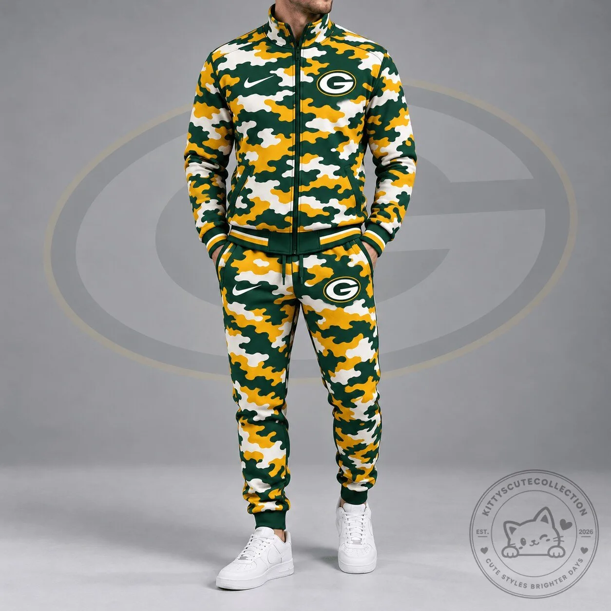 Green Bay Packers Camouflage Print Full Zip Jacket and Jogger Pants Tracksuit