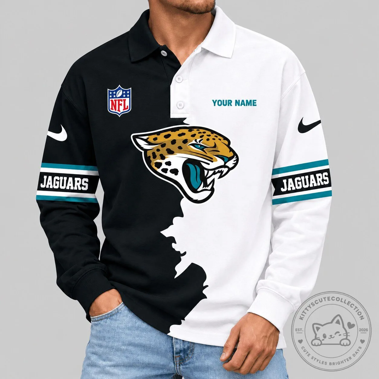 Jacksonville Jaguars NFL Split Panel Long Sleeve Personalized Polo Shirt