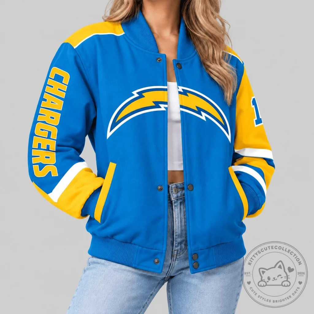 Los Angeles Chargers NFL Team Logo Blue and Yellow Varsity Jacket Los Angeles Chargers NFL Team Logo Blue and Yellow Varsity Jacket
