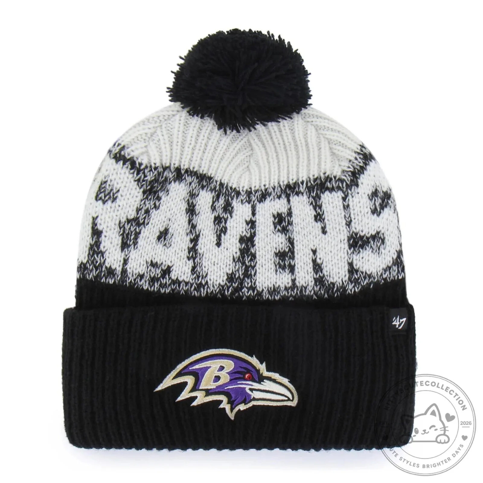 Baltimore Ravens Black and White Knit Pom Pom Beanie Hat