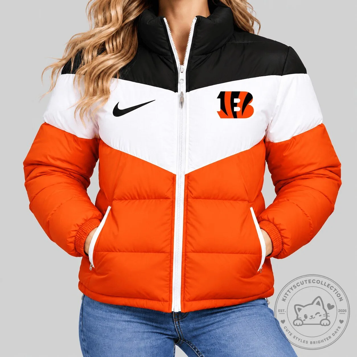 Cincinnati Bengals NFL Orange Black White Chevron Puffer Jacket