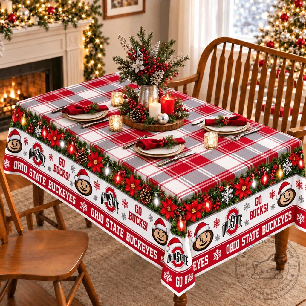 Ohio State Buckeyes Christmas Plaid Holiday Tablecloth Ohio State Buckeyes Christmas Plaid Holiday Tablecloth