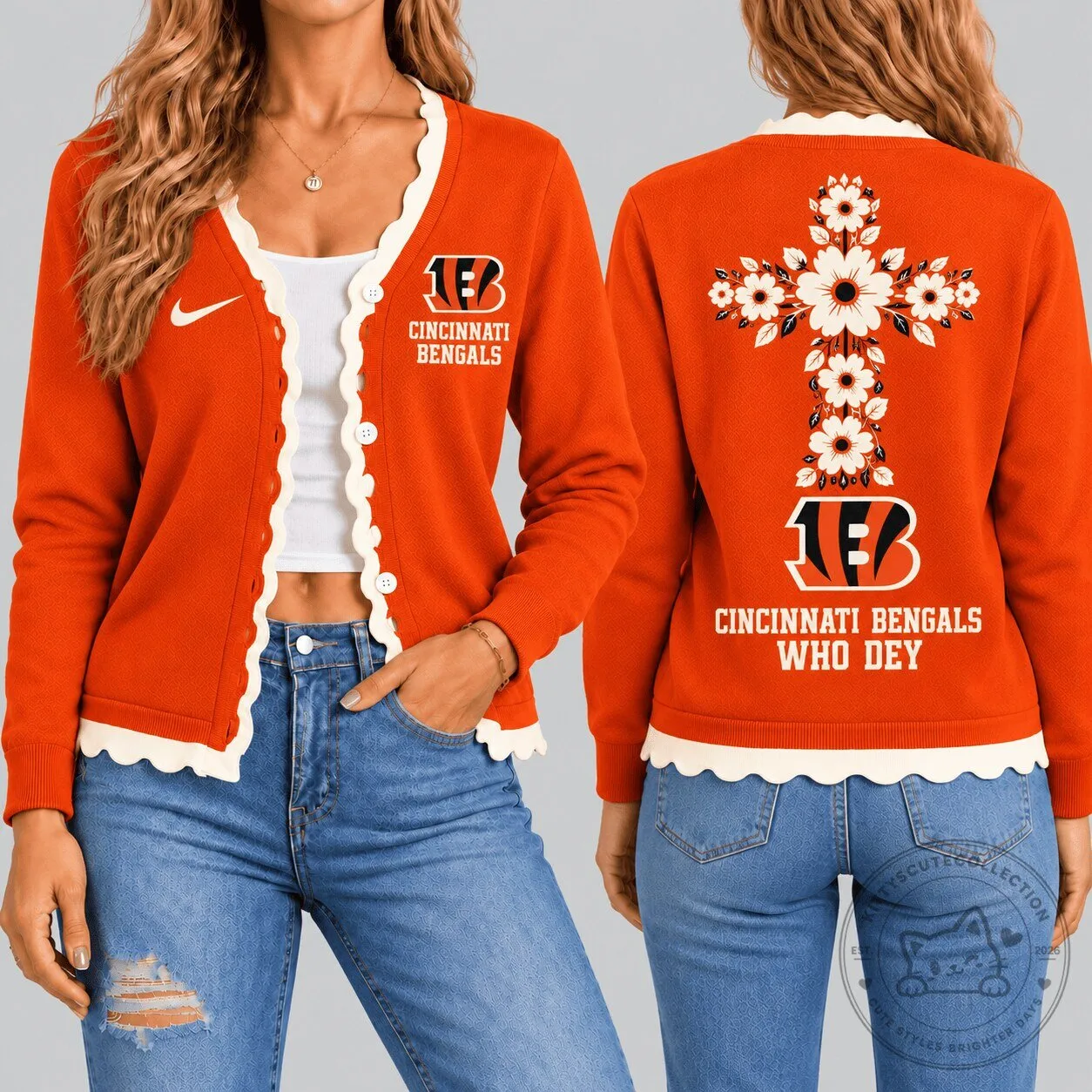 Cincinnati Bengals Floral Cross Faith Scalloped Cardigan Sweater for Women