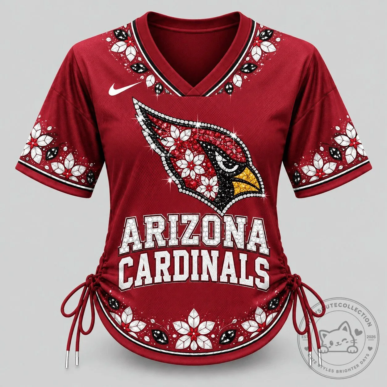 Arizona Cardinals NFL Floral Logo Sparkle Women's Football Jersey Top