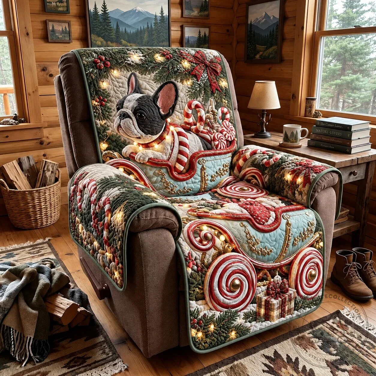 Christmas French Bulldog Sleigh Quilted Sofa Cover for Holiday Decor