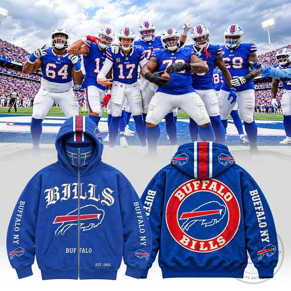 Buffalo Bills Full-Face Zip-Up Hoodie with Football Helmet Grill Graphics