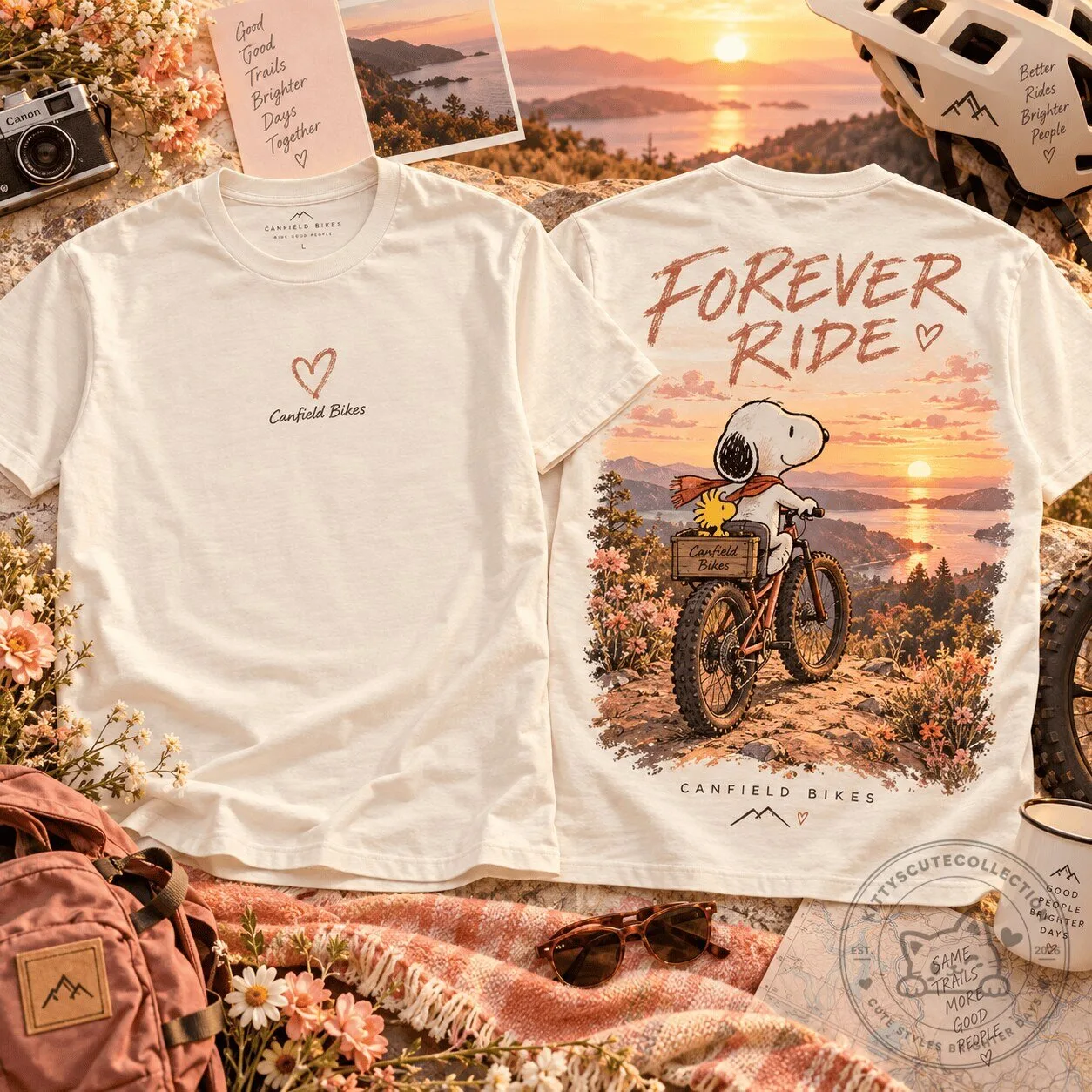 Canfield Bikes Snoopy Forever Ride Sunset Graphic Cream T-Shirt
