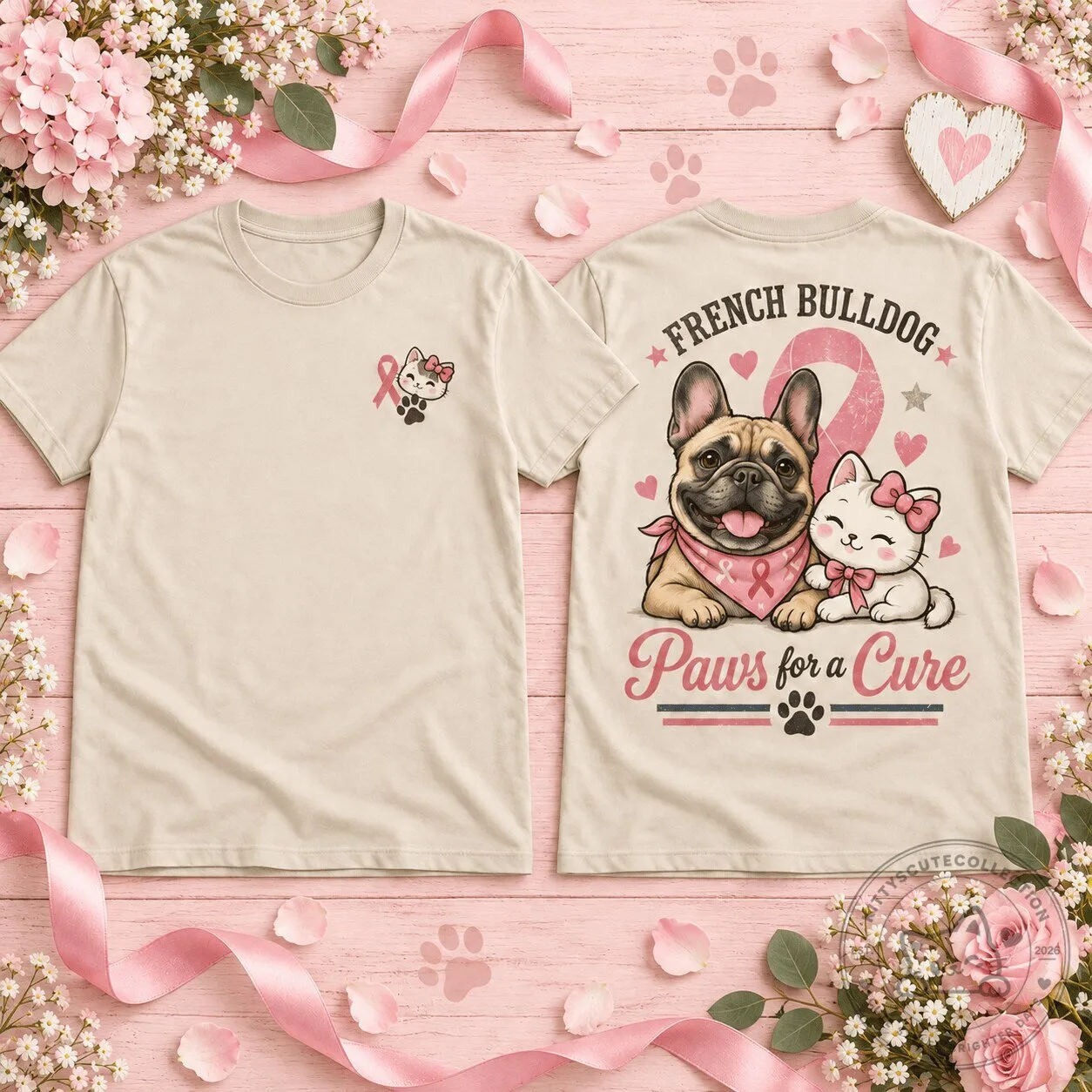 Breast Cancer Awareness T-Shirt with French Bulldog Paws for a Cure Design